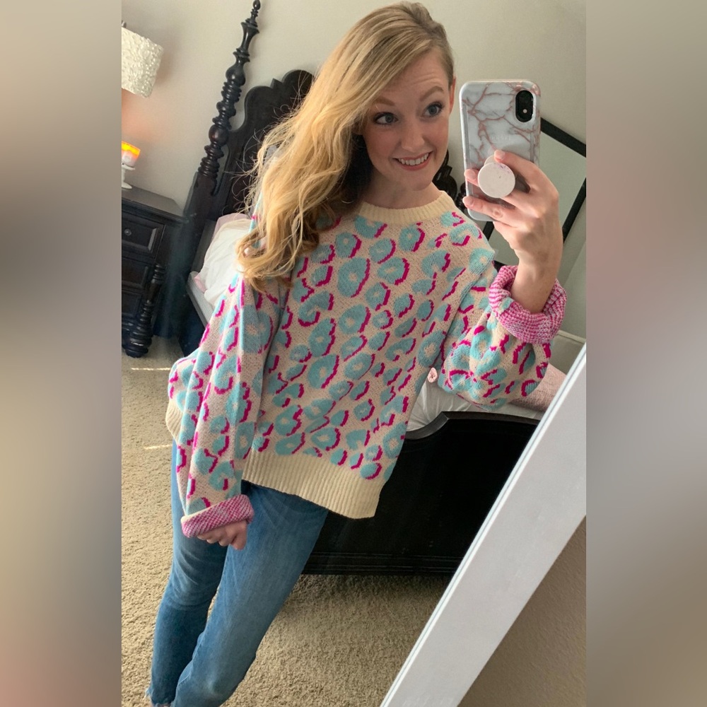 Pink Lily Blue and Pink Cheetah Print Sweater